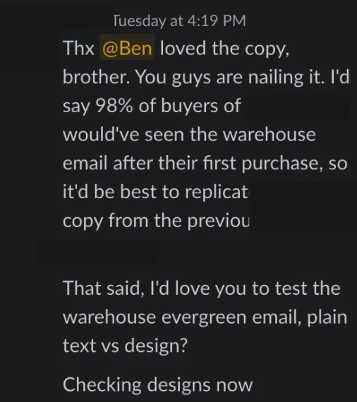 Slack message praising copy and strategy