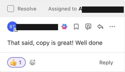 Slack message: That said, copy is great! Well done