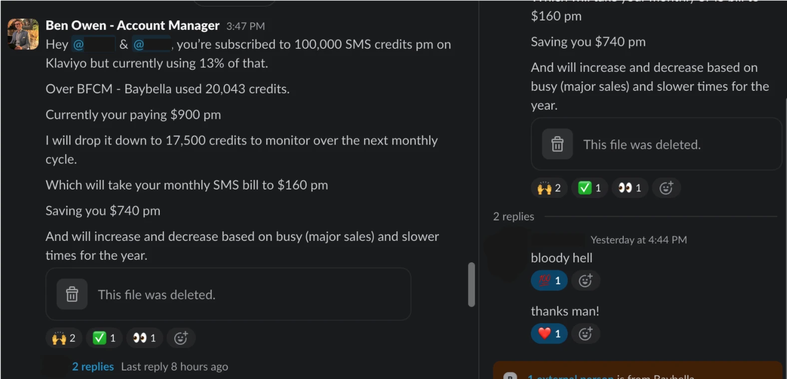 Slack message showing proactive SMS cost savings for a client, with reactions